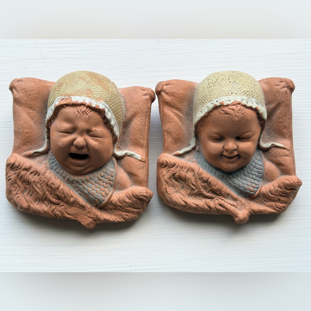 Charming Terracotta Happy/Crying Babies Antique/Vintage Bas Relief Wall Art Set